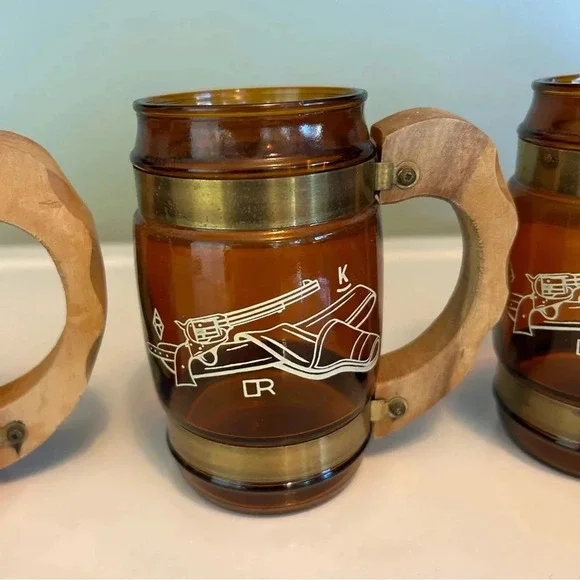 Vintage 1960s Siesta Ware Western Amber Mugs with Wooden Handles - Picture 7 of 8